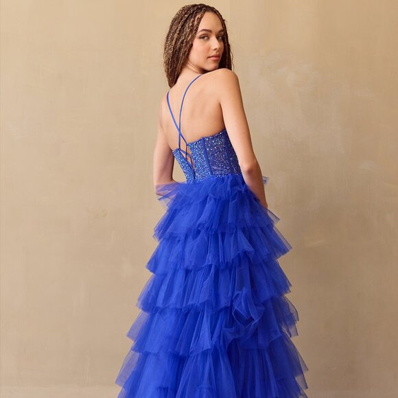 New Formal A-Line Ruffle Rhinestone Embellished Dress w/ Sweetheart Neck AC4048 - Picture 7 of 9